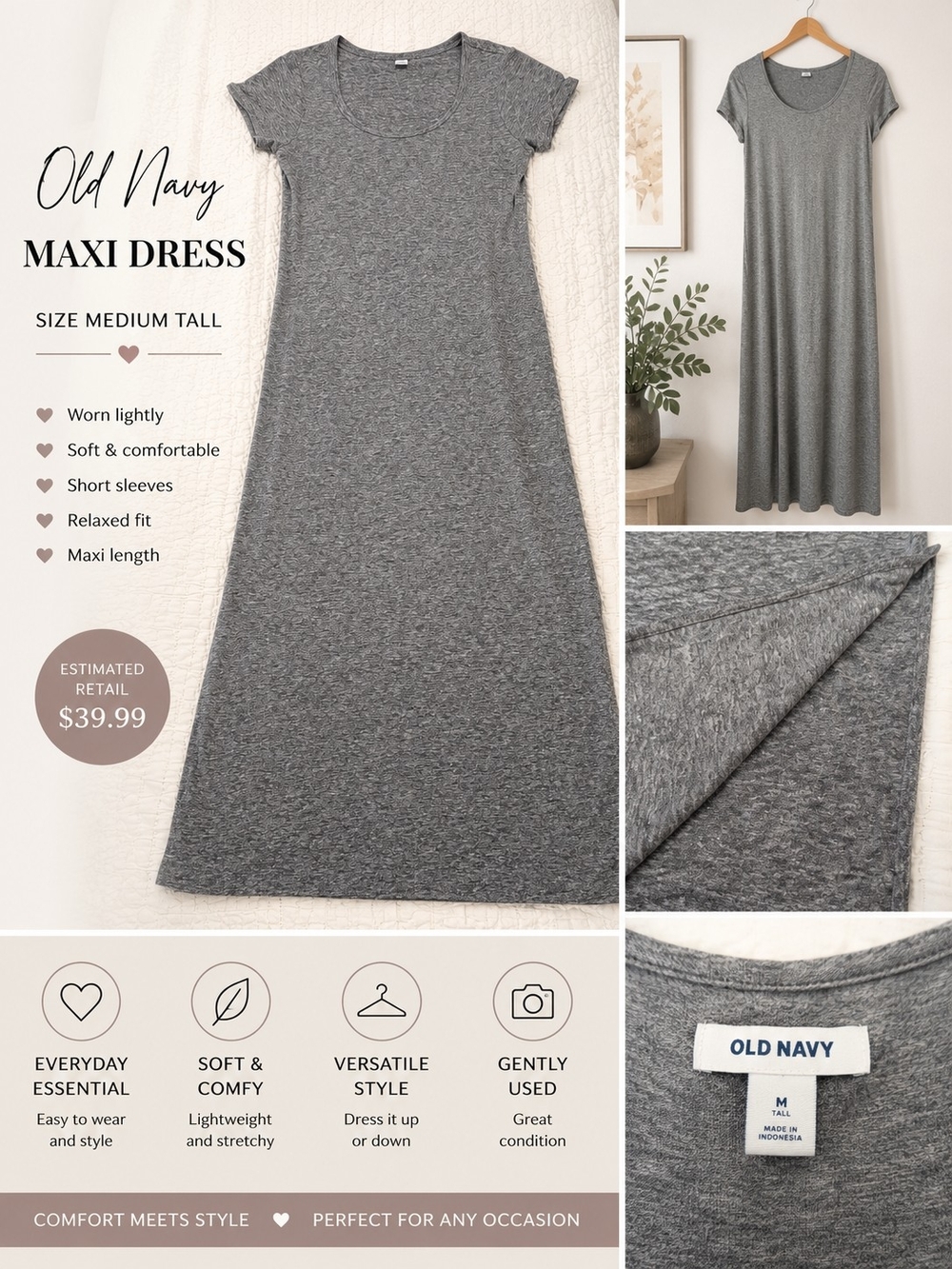 ✨Old Navy Heather Gray Maxi Dress | Medium Tall | Soft Casual Lounge Dress